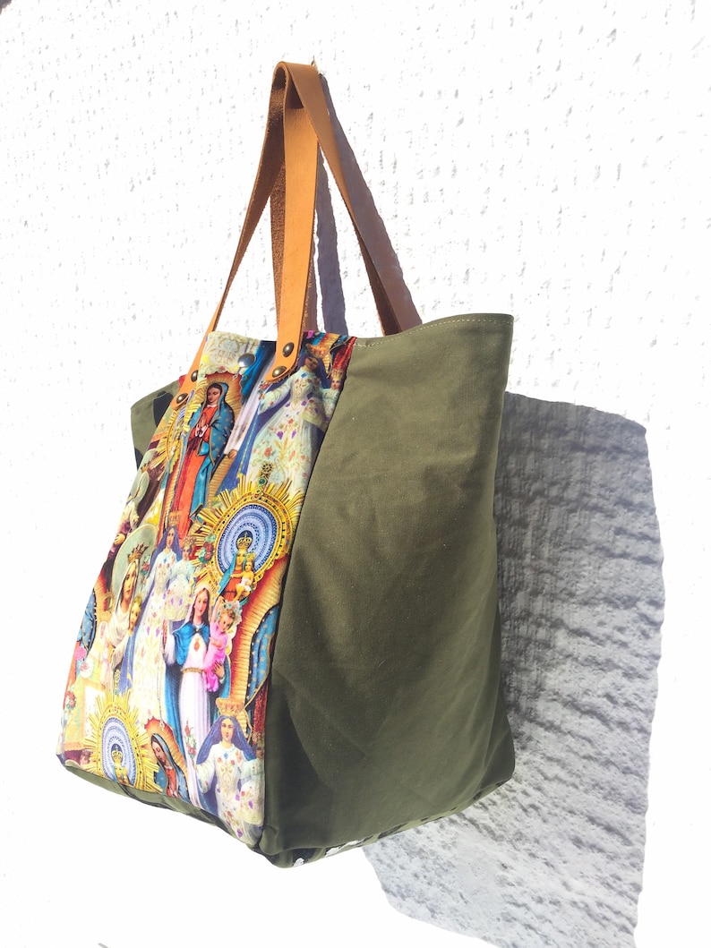 Upcycled Vintage Military Canvas Tote Bag with Virgins Pattern Velvet FabricUnique Hand Painted Tote Bag \u2013 IrMadonna69