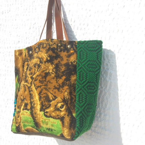 Upcycled shops Vintage Tapestry Tote Bag/ Tapestry and Wool Hand Loomed Fabric Tote/Wildlife Tote Bag - IreneTap5
