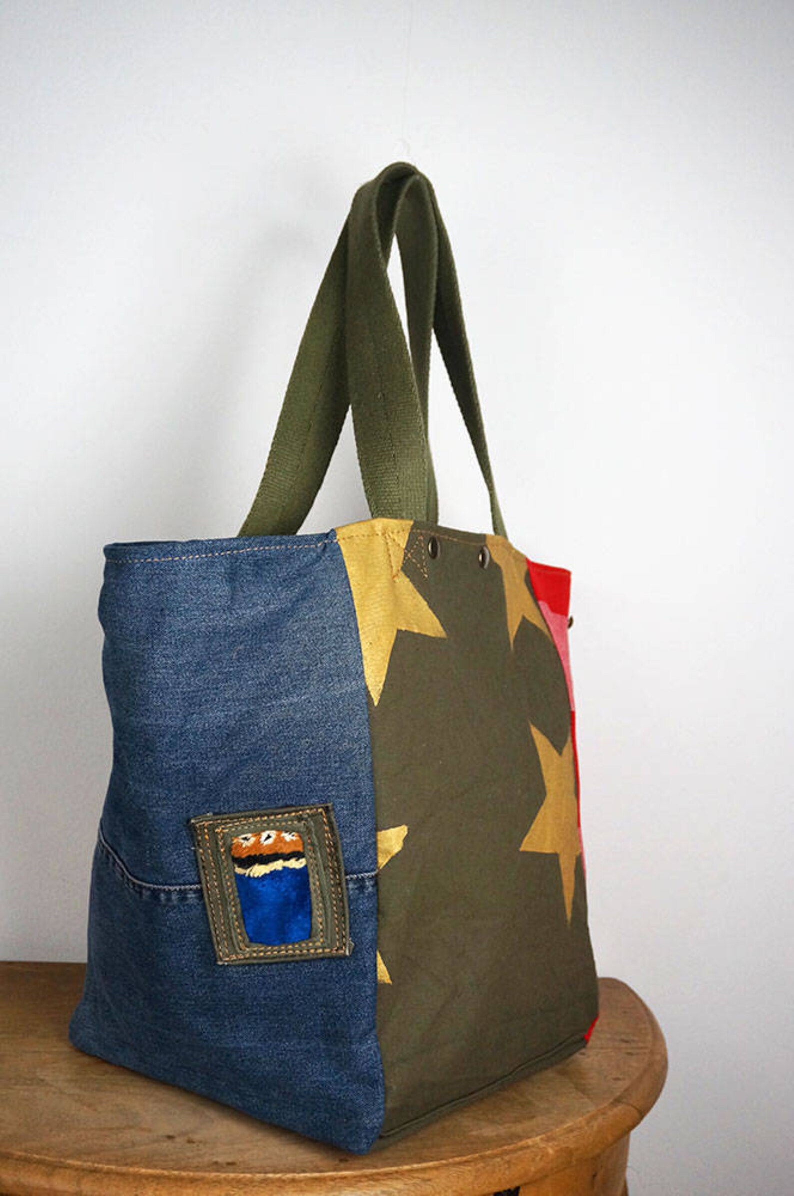 Canvas and Fabric Tote Bag/Upcycled Military Canvas Bag with | Etsy