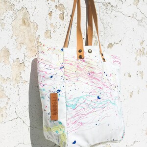 Hand Painted White Canvas Tote Bag/Splatter Paint Canvas Tote Bag/Water Resistant Canvas Tote Bag/Art Tote Bag IreneC45 image 4