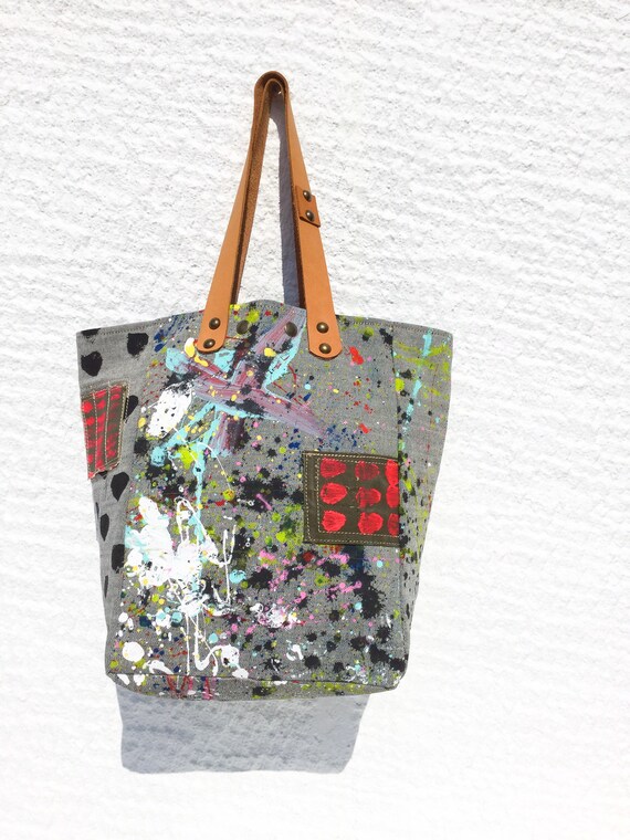 Unique Hand Painted Denim Tote Bag/upcycled Denim Fabric