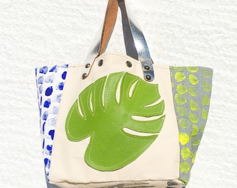 Canvas and Leather Tote Bag/Hand Painted Cotton Canvas Tote/Small Canvas Tote Bag/Leaf Design Colorful Tote – Koutaki4