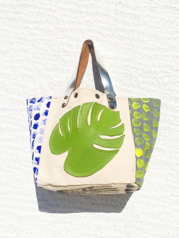 Canvas and Leather Tote Bag hand Painted Cotton Canvas Tote small Canvas Tote Bag leaf Design Colorful Tote Koutaki4 Etsy Ireland