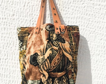 Large Velvet Fabric Tote Bag/Earthy Colors Velvet Fabric Tote/Art Portrait Pattern/Leather Details/Unique Carry All Tote – IreneEF81