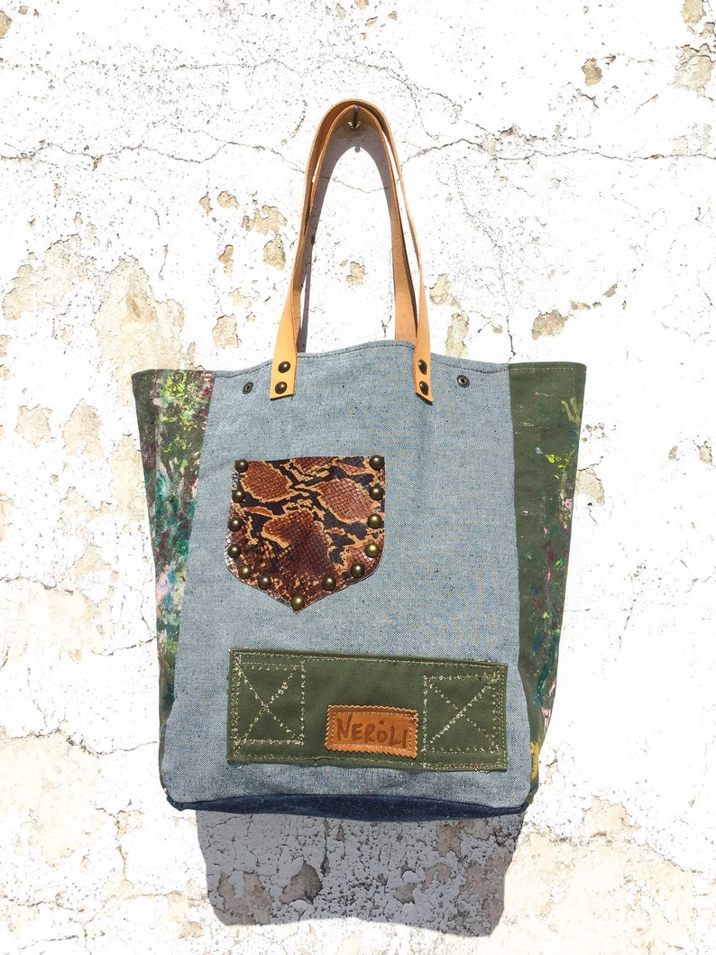 Hand Painted Military Canvas & Leather Tote Bag/splatter Paint - Etsy