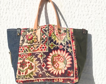 Small Tapestry Tote Bag/Upcycled Vintage Velvet Tapestry and Military Canvas/Denim Fabric/Unique Fabric Tote Bag Leather Handles – Koutaki26