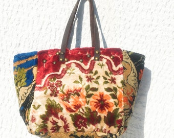 Small Tapestry Tote Bag/Upcycled Vintage Tapestry Tote/Floral Tapestry/Colorful Fabric Tote Bag with Leather Handles – Koutaki18