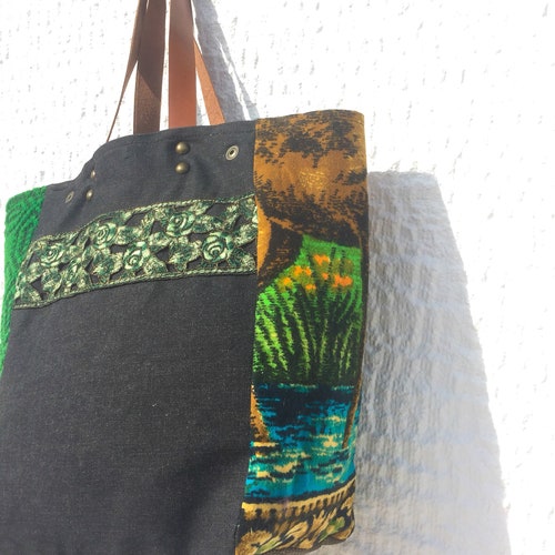 Upcycled shops Vintage Tapestry Tote Bag/ Tapestry and Wool Hand Loomed Fabric Tote/Wildlife Tote Bag - IreneTap5