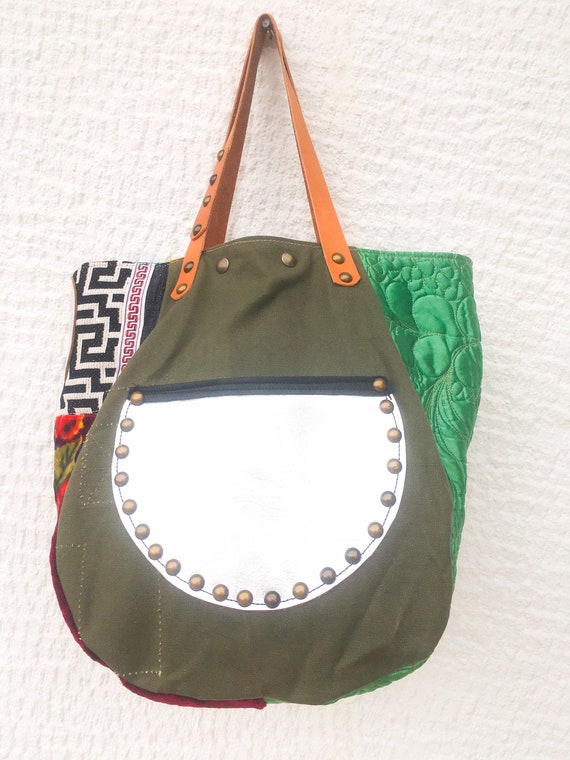 Bolso Tote Grande Lona Militar Vintage Reciclada y Cuero combinado con Telas Saten Verde Patron de Llave Griega Denim MaroEC83 Etsy Espana