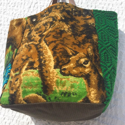 Upcycled shops Vintage Tapestry Tote Bag/ Tapestry and Wool Hand Loomed Fabric Tote/Wildlife Tote Bag - IreneTap5