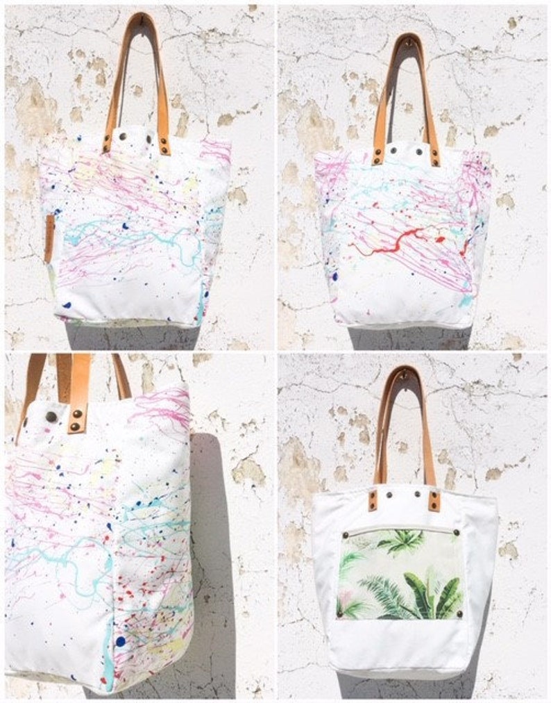 Hand Painted White Canvas Tote Bag/Splatter Paint Canvas Tote Bag/Water Resistant Canvas Tote Bag/Art Tote Bag IreneC45 image 10