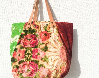 Large Tote Bag Upcycled Vintage Floral Tapestry, Green Hand Loomed Wool Fabric and Rust Velvet/Unique Fabric Carry All Tote Bag – MaroEF96