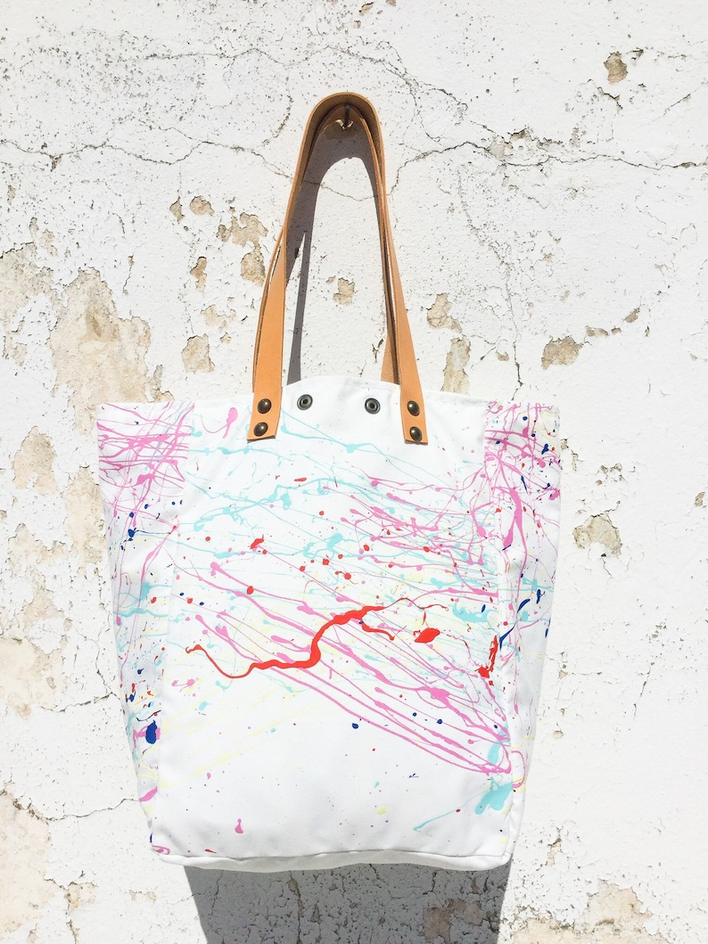 Hand Painted White Canvas Tote Bag/Splatter Paint Canvas Tote Bag/Water Resistant Canvas Tote Bag/Art Tote Bag IreneC45 image 7