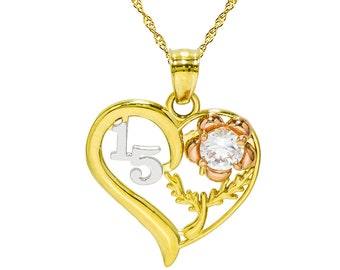14K Tri-Color Gold 15 Quinceanera Heart Pendant Necklace