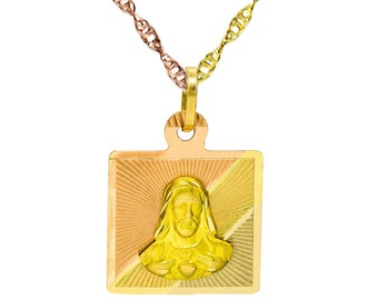 14K Tri-Color Gold Sacred Heart of Jesus Pendant Necklace