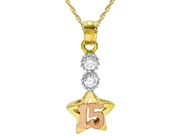 14K Tri-Color Gold 15 Quinceanera Star Pendant Necklace