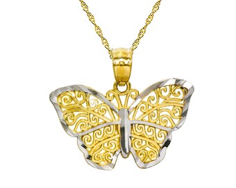 14K Two Tone Gold Butterfly Pendant Necklace