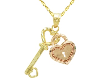 14K Yellow Gold Heart Key Cubic Zirconia (CZ) Necklace