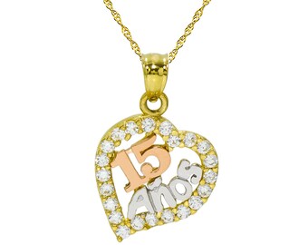 14K Tri-Color Gold 15 Anos Quinceanera Pendant Necklace