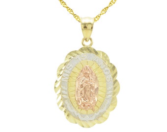 14K Tri-Color Gold 15 Anos Quinceanera Virgin Mary Guadalupe Pendant Necklace