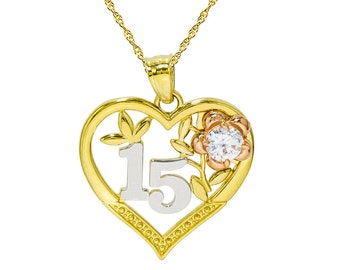 14K Tri-Color Gold 15 Quinceanera Heart Pendant Necklace