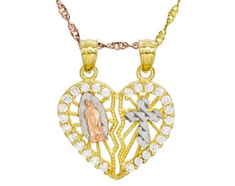 14K Tri-Farbe Gold Guadalupe und Kreuz Herz Halskette