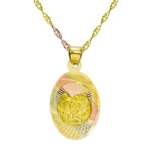 14K Tri-Color Gold Bautizo Baptism Oval Pendant Necklace
