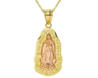 14K Two Tone Gold Virgin Mary Guadalupe Pendant Necklace