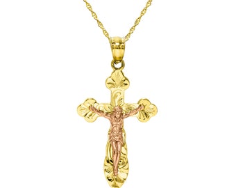 14K Two Tone Gold Jesus Christ Cross Pendant Necklace