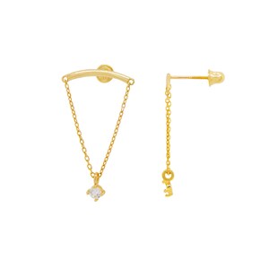 14K Yellow Gold Dangling Chain with Clear Cubic Zirconia Earrings