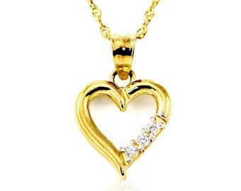 14K Yellow Gold Heart 3 Stone Set Cubic Zirconia (CZ) Necklace