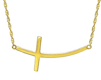 10k Yellow Gold Horizontal Curved Cross Necklace