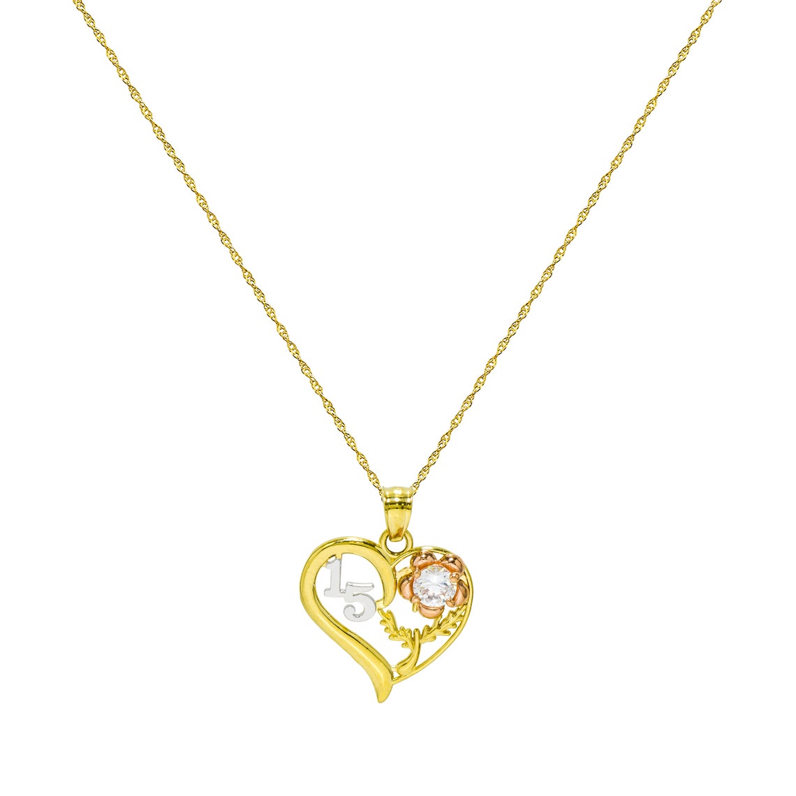 14K Tricolor Gold 15 Quinceanera Heart Pendant Necklace Etsy