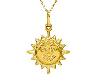 14K Yellow Gold Smiling Sun Pendant Necklace