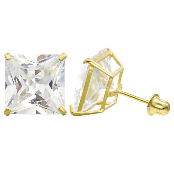 Princess Cut CZ Basket Set Stud Earrings Push On Screw OFF Real 14K Yellow Gold