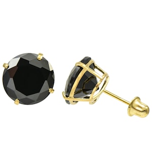 10K Gold Round cut Black CZ Double-basket set Screw back Stud Earrings - 2 mm to 7 mm