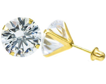 14K Gold Round Cubic Zirconia (CZ) Single Basket Screw Back Stud Earrings - 2 mm to 10 mm
