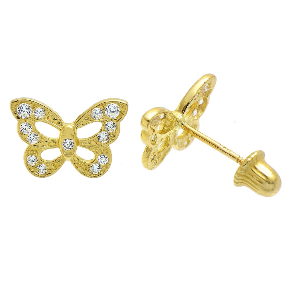14K Yellow Gold Beautiful Butterfly Cubic Zirconia (CZ) Screw Back Stud ...
