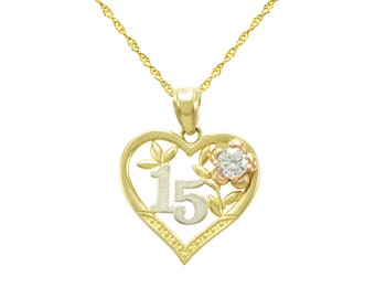 14K Tri-Color Gold 15 Anos Quinceanera Pendant Necklace