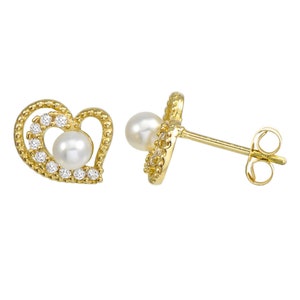 14K Yellow Gold Round Cubic Zirconia Shared-Prong Set Heart Stud Earrings image 1