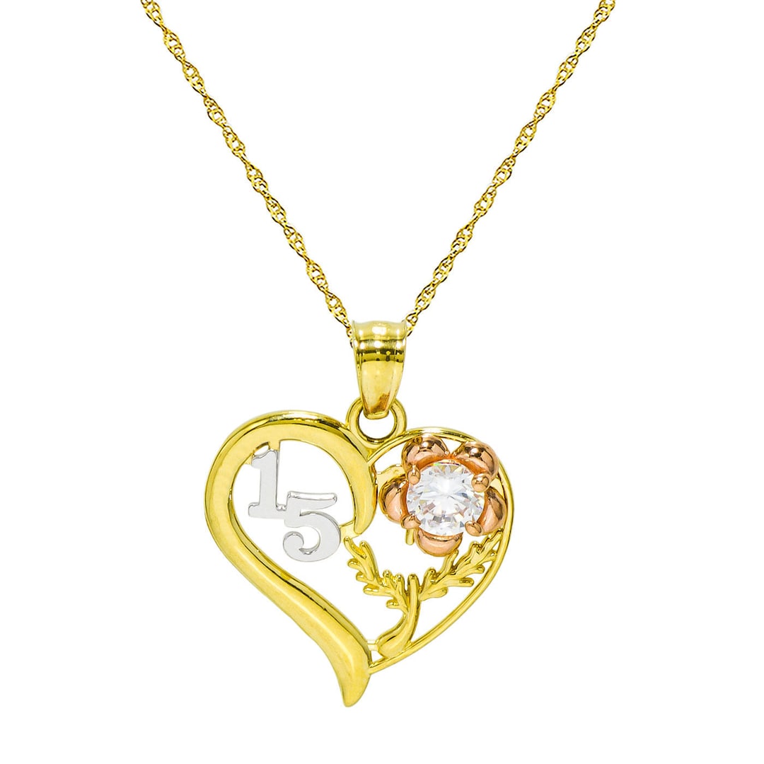 14K Tricolor Gold 15 Quinceanera Heart Pendant Necklace Etsy