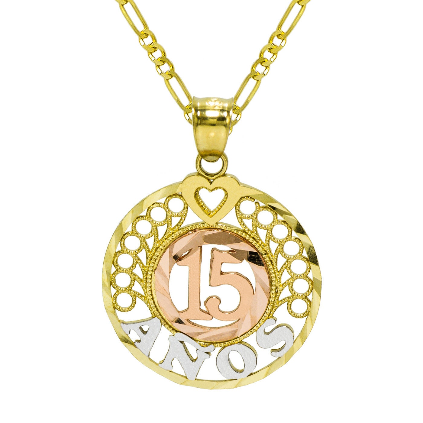 14K Gold Sweet 15 Years Quinceanera Heart Charm Pendant with 1.2mm Box –  Ioka Jewelry
