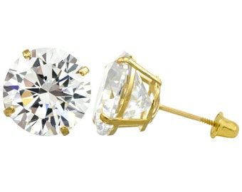 14K Gold Round Cubic Zirconia (CZ) Double Basket Screw Back Stud Earrings - 2 mm to 7 mm