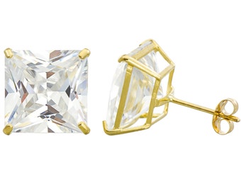10K Gold Princess Cubic Zirconia (CZ) Double Basket Push Back Stud Earrings - 2 mm to 10 mm