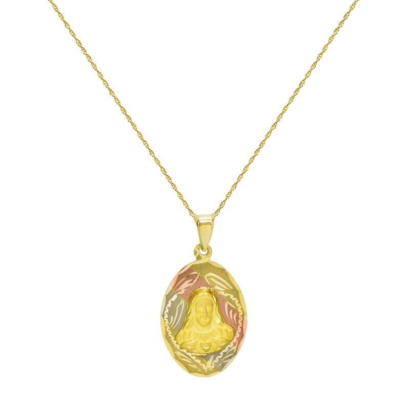 14K Tri Color Gold Sagrado Corazon de Jesus Pendant Necklace