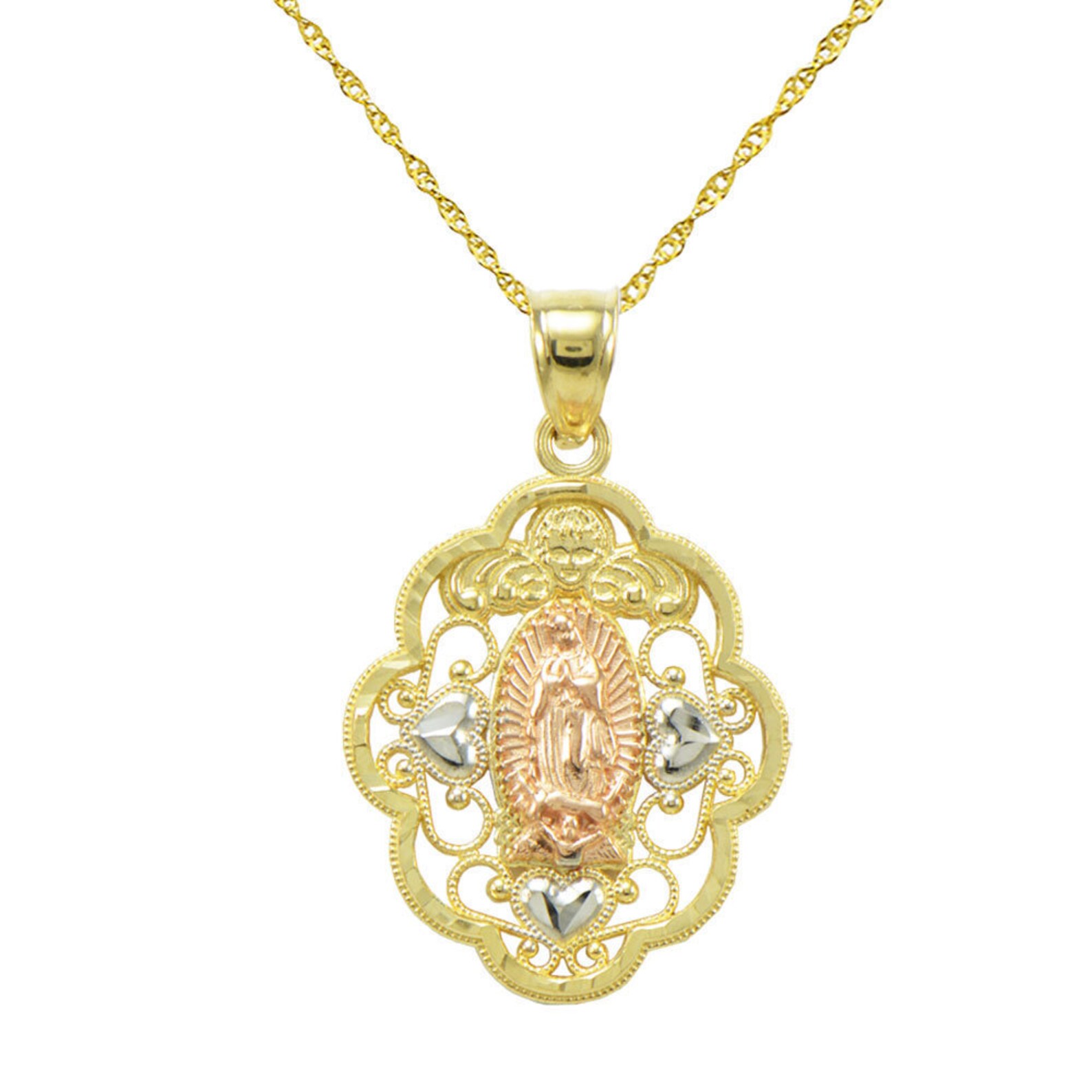 14K Tri Color Gold Virgin Mary Guadalupe Charm Pendant Necklace - Etsy