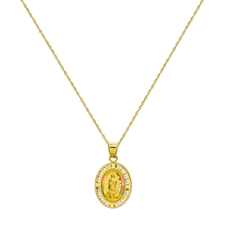 14K Tri-Color Gold Virgin Mary Guadalupe Round Pendant Necklace