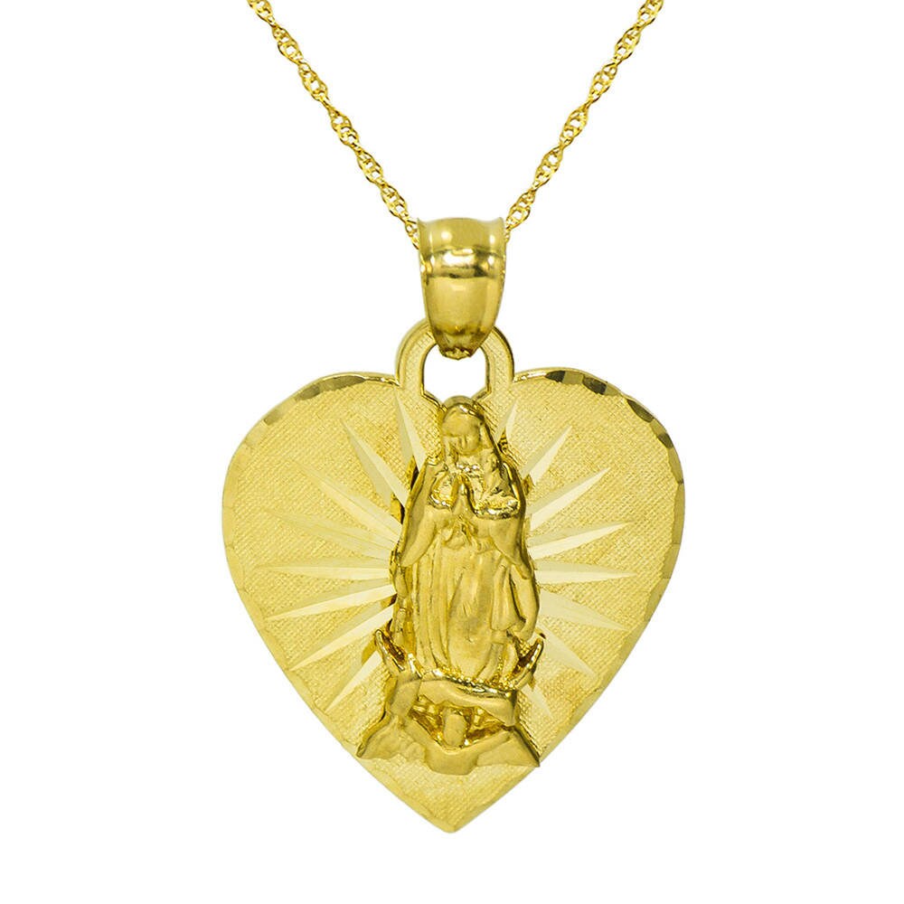14k Yellow Solid Gold Virgin Mary Guadalupe Medallion Pendant Charm Free Chain