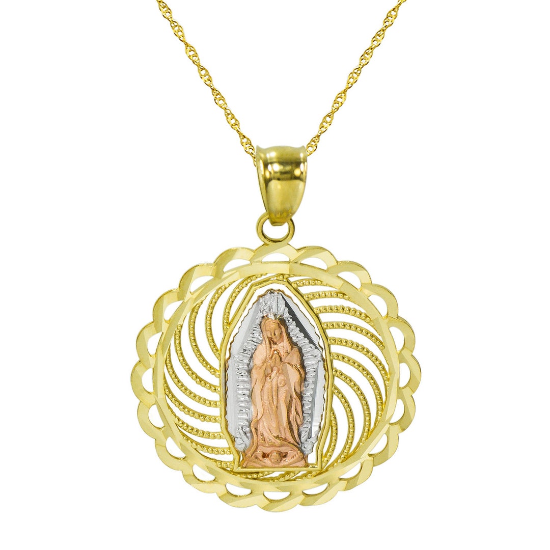 14K Tri Color Gold Virgin Mary Guadalupe Pendant Necklace - Etsy