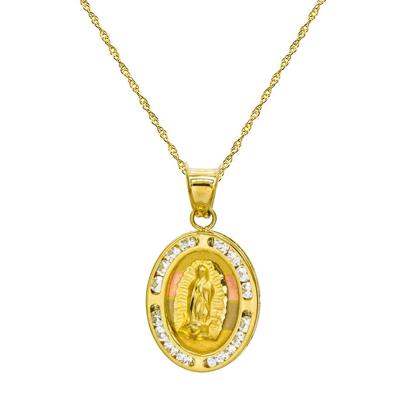 14K Tri-Color Gold Virgin Mary Guadalupe Round Pendant Necklace